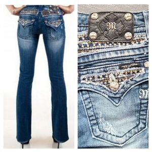 Miss Me Signature Rise Boot Cut Sequin & Embroidered Pockets Blue Denim Jeans 28